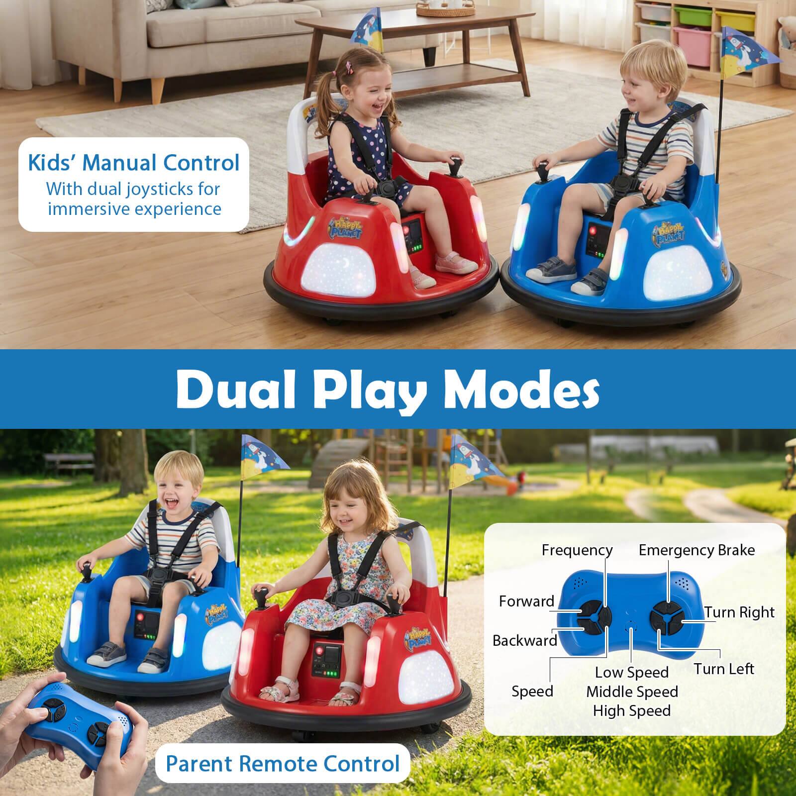 Kids' Manual Control  
With dual joysticks for immersive experience  

Dual Play Modes  

Parent Remote Control  
Frequency  
Emergency Brake  
Forward  
Backward  
Turn Right  
Turn Left  
Speed  
Low Speed  
Middle Speed  
High Speed
