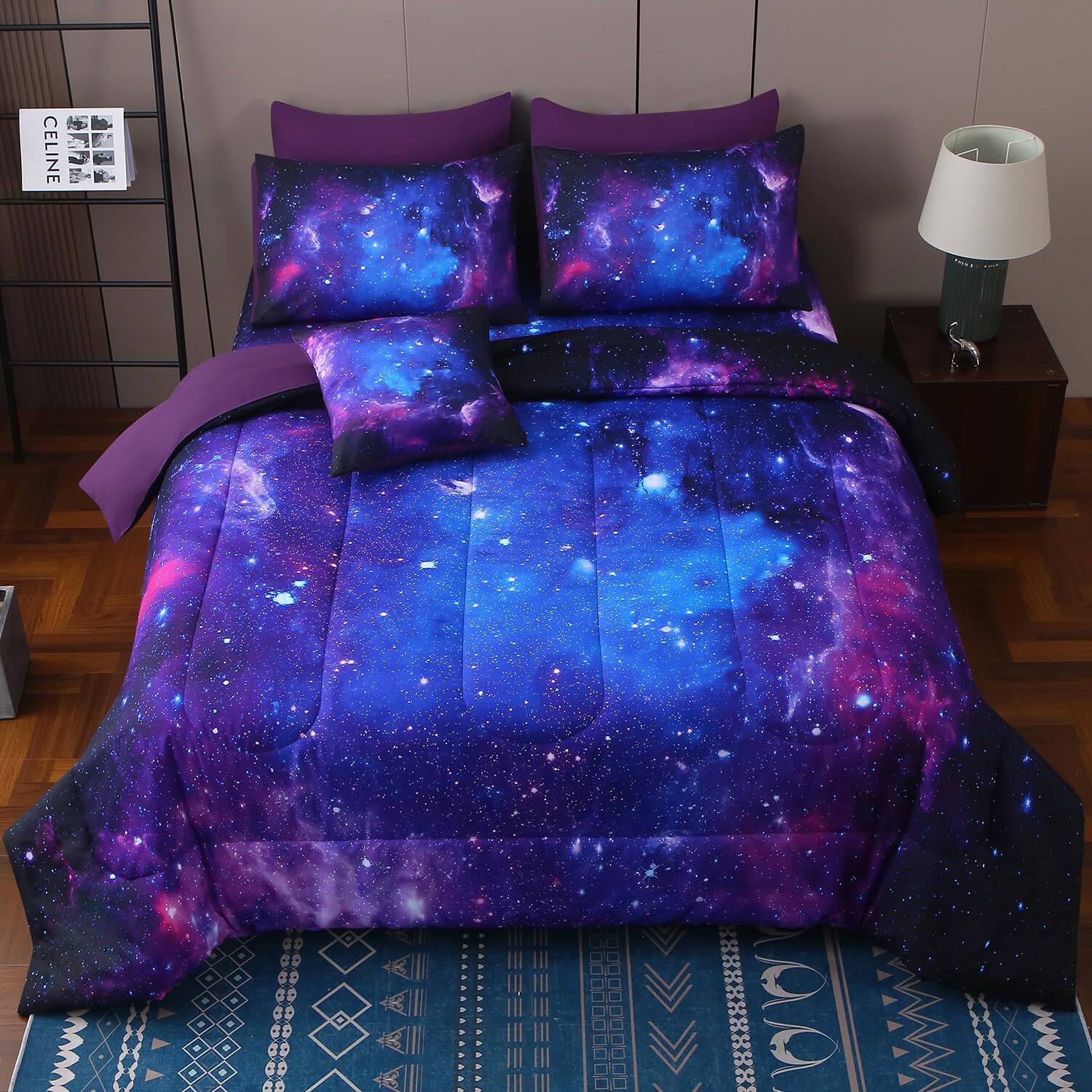 Paradigms Interiors - Galaxy Comforter Sets Blanket 6 Piece Bed In A Bag 3d Outer Space Themed Bedding All-season Reversible Quil - Blue Purple-Full(8pc)