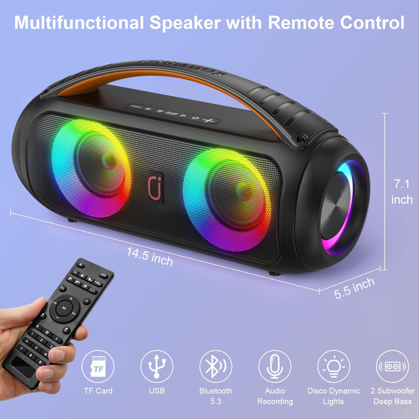 Multifunctional Speaker with Remote Control

- 7.1 inch
- 14.5 inch
- 5.5 inch

Features:
- TF Card
- USB
- Bluetooth 5.3
- Audio Recording
- Disco Dynamic Lights
- 2 Subwoofer
- Deep Bass