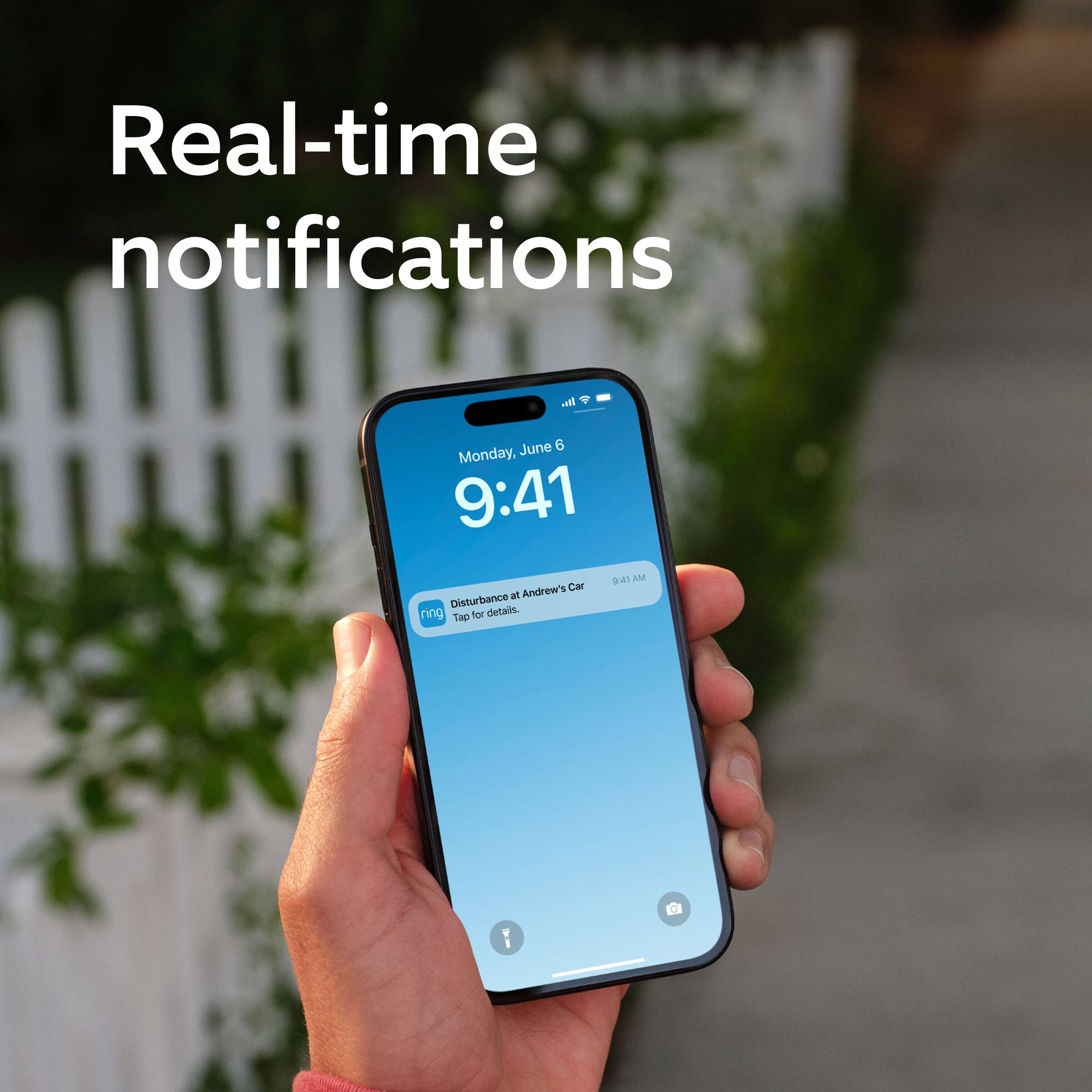 Real-time notifications - June 6, Monday, 9:41 AM  
Andrew's Car Disturbance at ring  
Tap for details.