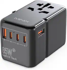 MINIX - 85W GaN-III Universal Travel Adapter with 3-USB-C/2-USB-A, AC Outlet, US/UK/EU/AU Travel Charger for Laptops Phones - Black