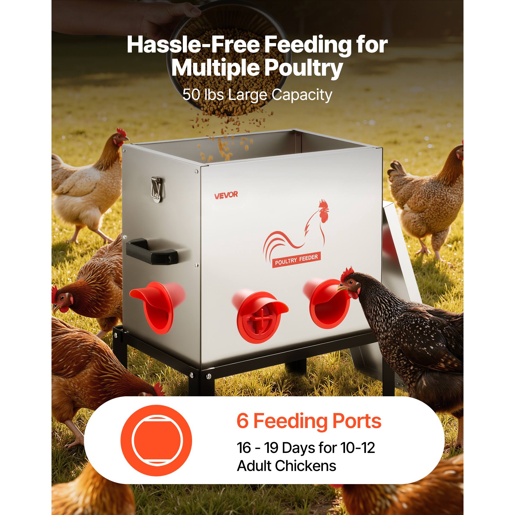 Hassle-Free Feeding for Multiple Poultry  
50 lbs Large Capacity  
VEVOR POULTRY FEEDER  
6 Feeding Ports  
16 - 19 Days for 10-12 Adult Chickens