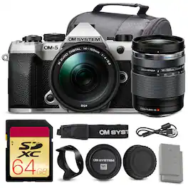 OM System - OM-5 Mark II Mirrorless Camera with 14-150mm f/4-5.6 II Lens + 64GB Card + More - Silver Advanced Bundle