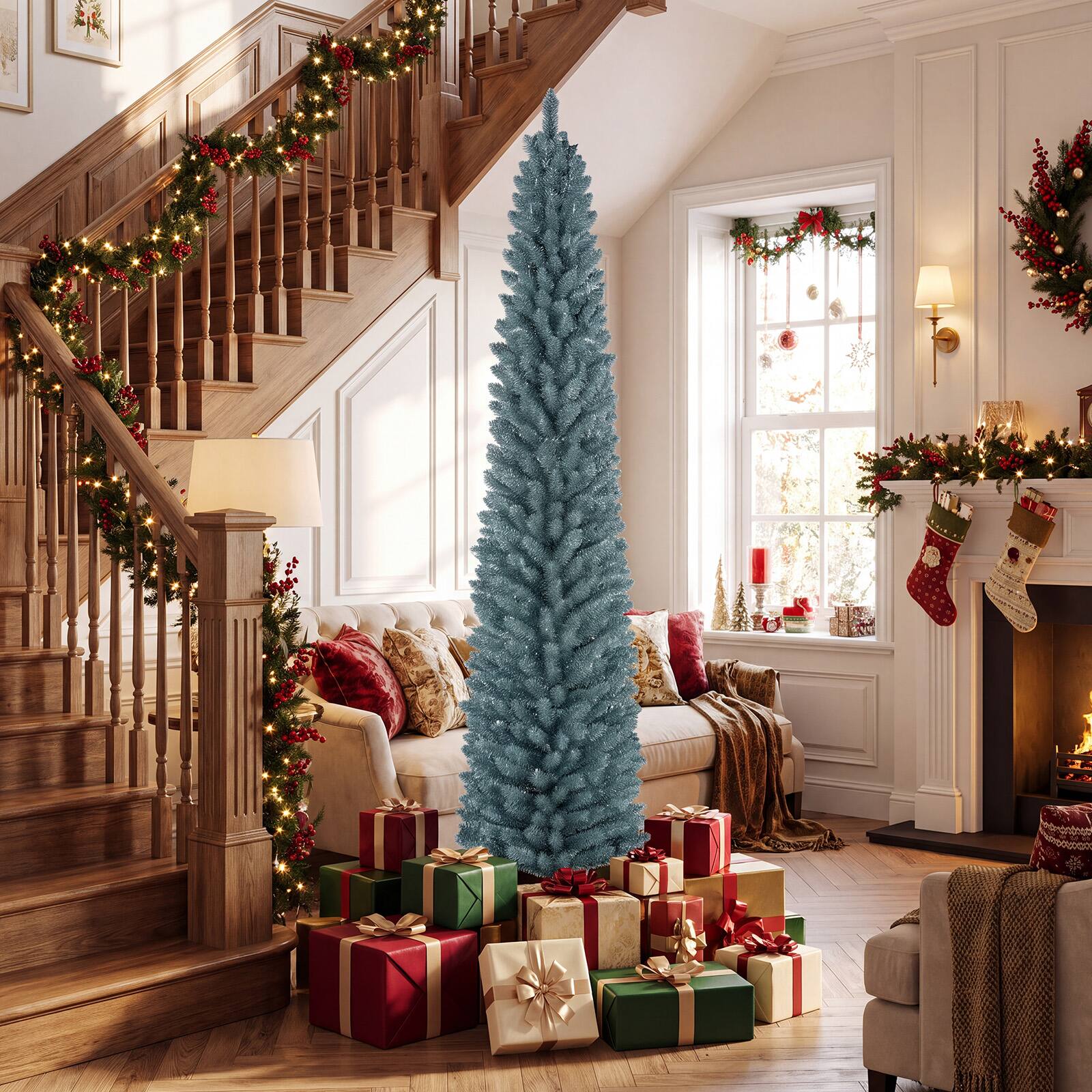 Alt View 1. Gymax - Gymax 7 FT Artificial Pencil Christmas Tree418 Lush Branch Tips Folding Metal Stand Gray Green - Gray.