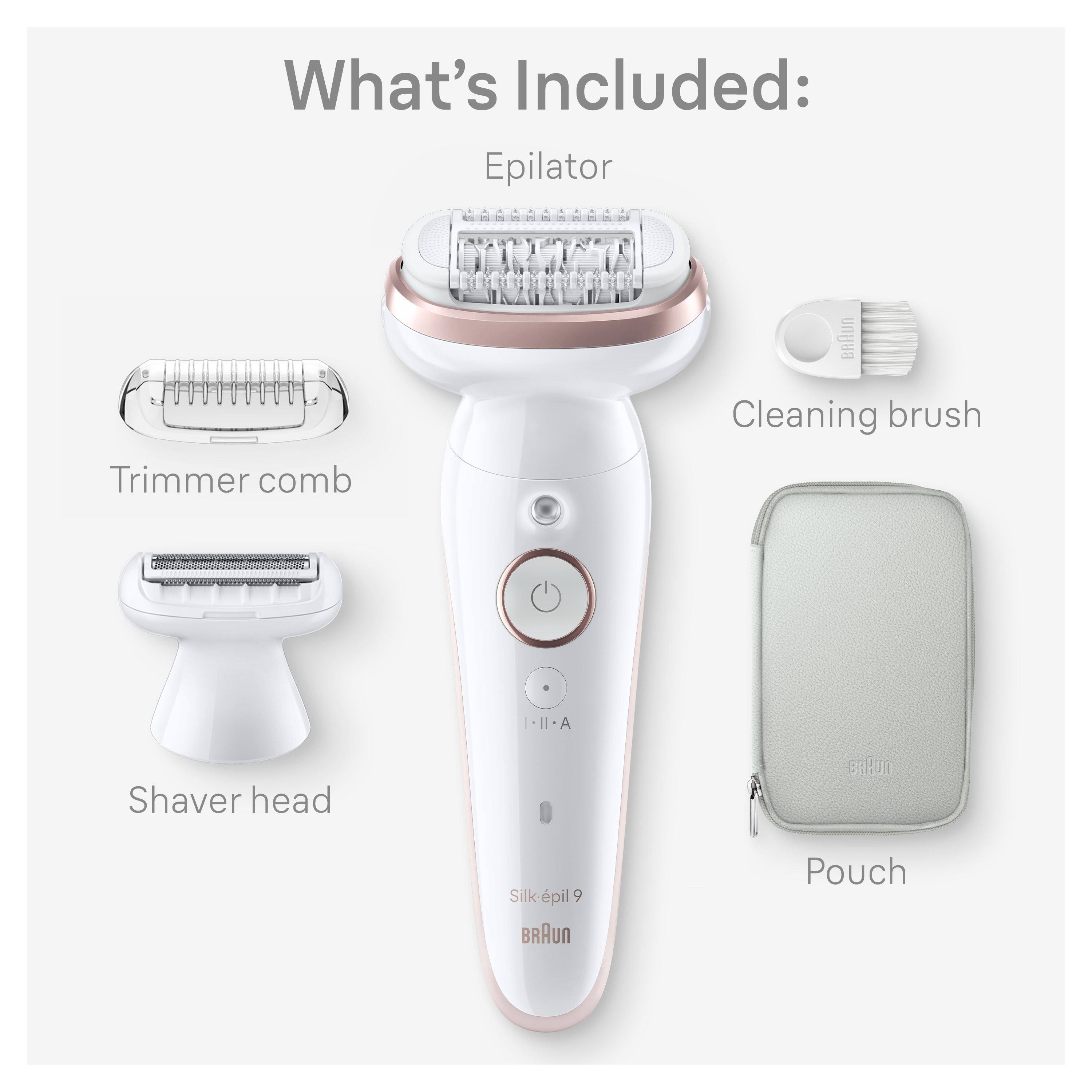 What's Included:  
- Epilator  
- Trimmer comb  
- Cleaning brush  
- Shaver head  
- Pouch