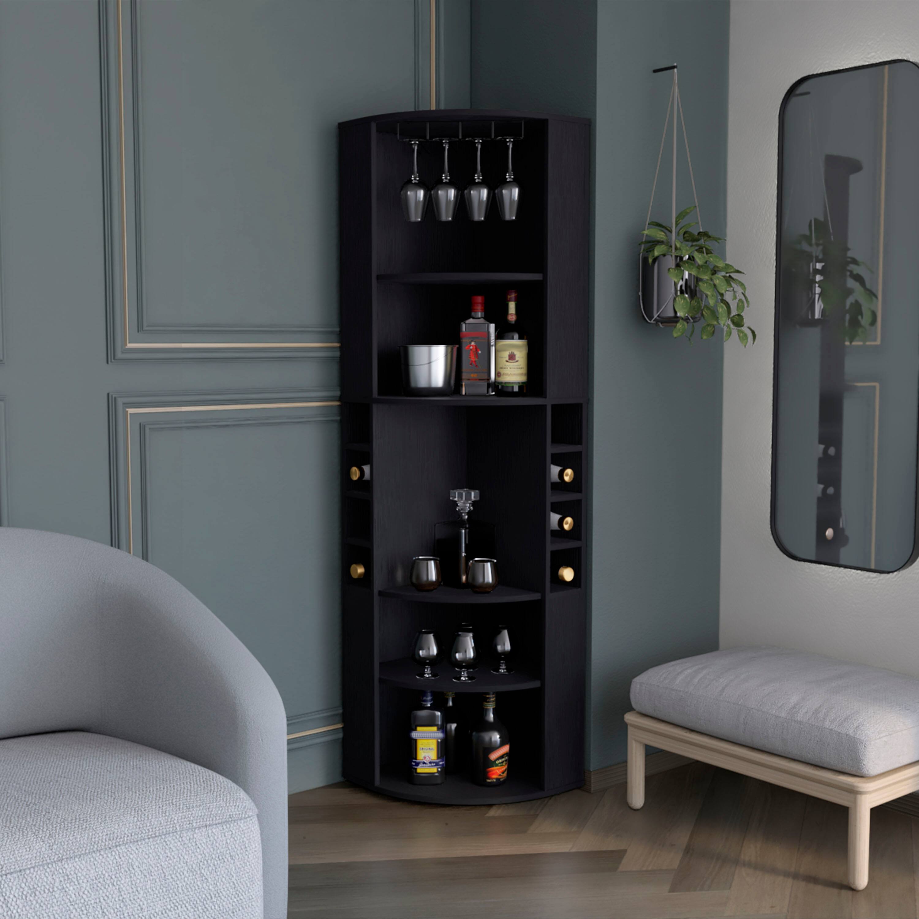 Angle. TuHome - Oban Corner Bar Cabinet With Five Shelves , Eight Bottle Cubbies And Steamware, Bar Room - Black.