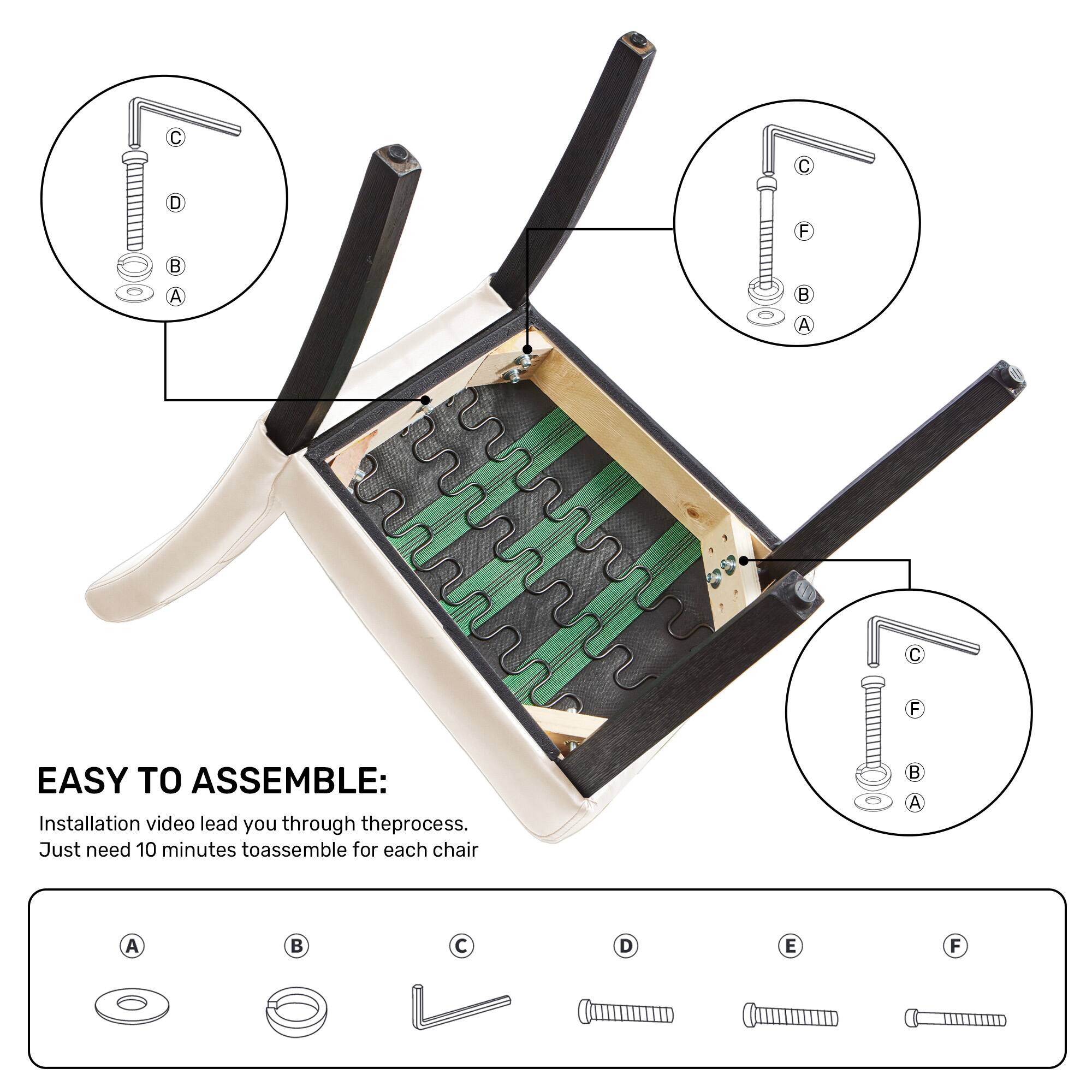 C 0 F : A B A F EASY TO ASSEMBLE: Installation video lead you through the process. Just need 10 minutes to assemble for each chair B A A D E F