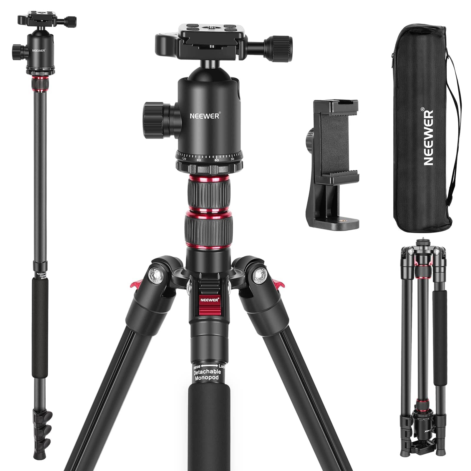 Neewer - 77" Compact Aluminum Travel Tripod - with 360° Ball Head, 2-Section Column & Arca QR for DSLR/Phone