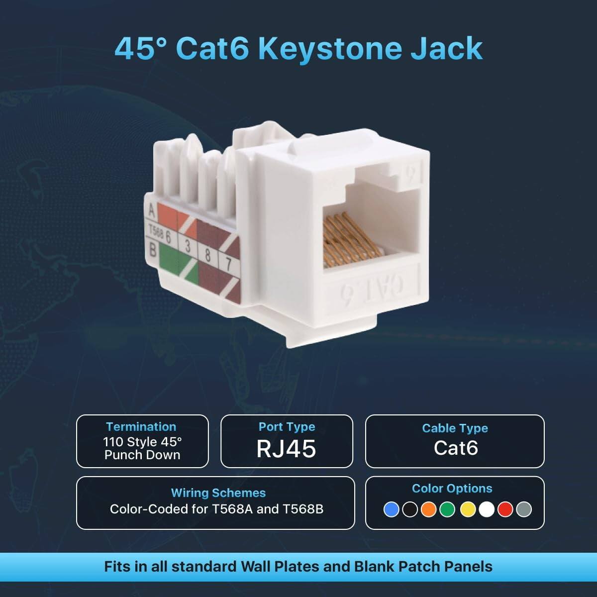 45° Cat6 Keystone Jack

- Termination: 110 Style 45° Punch Down
- Port Type: RJ45
- Cable Type: Cat6
- Wiring Schemes: Color-Coded for T568A and T568B
- Color Options: [Color options available]
- Fits in all standard Wall Plates and Blank Patch Panels