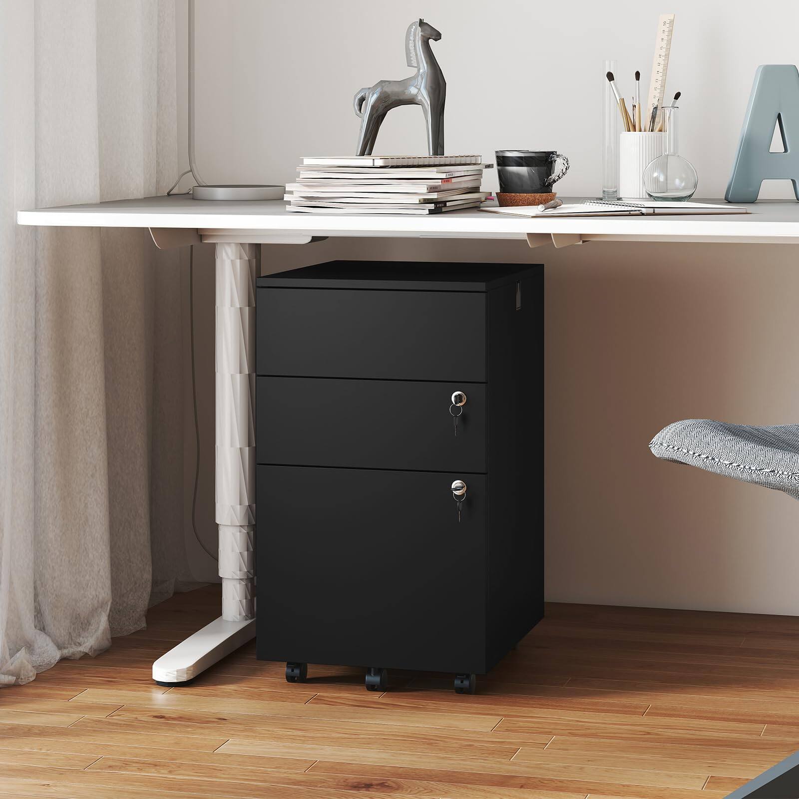 Alt View 7. Ecooso - 3-Drawer Rolling File Cabinet with Lock and 4 Keys, Fits Letter/Legal/A4, Mobile File Organizer.