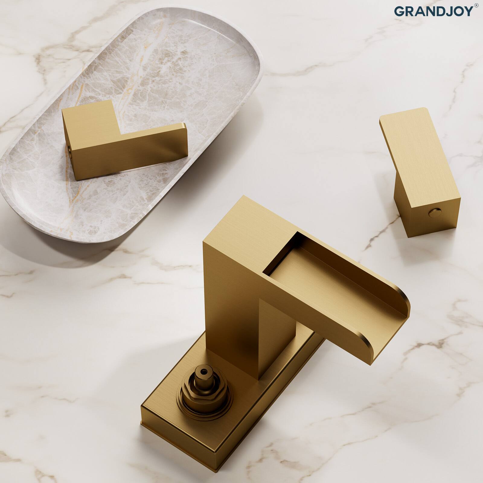 Alt View 7. GRANDJOY - Modern Waterfall Bathroom Faucet Dual Handle Rectangular Open-Channel Spout Solid Copper for Vanity Sink - Brushed Gold.