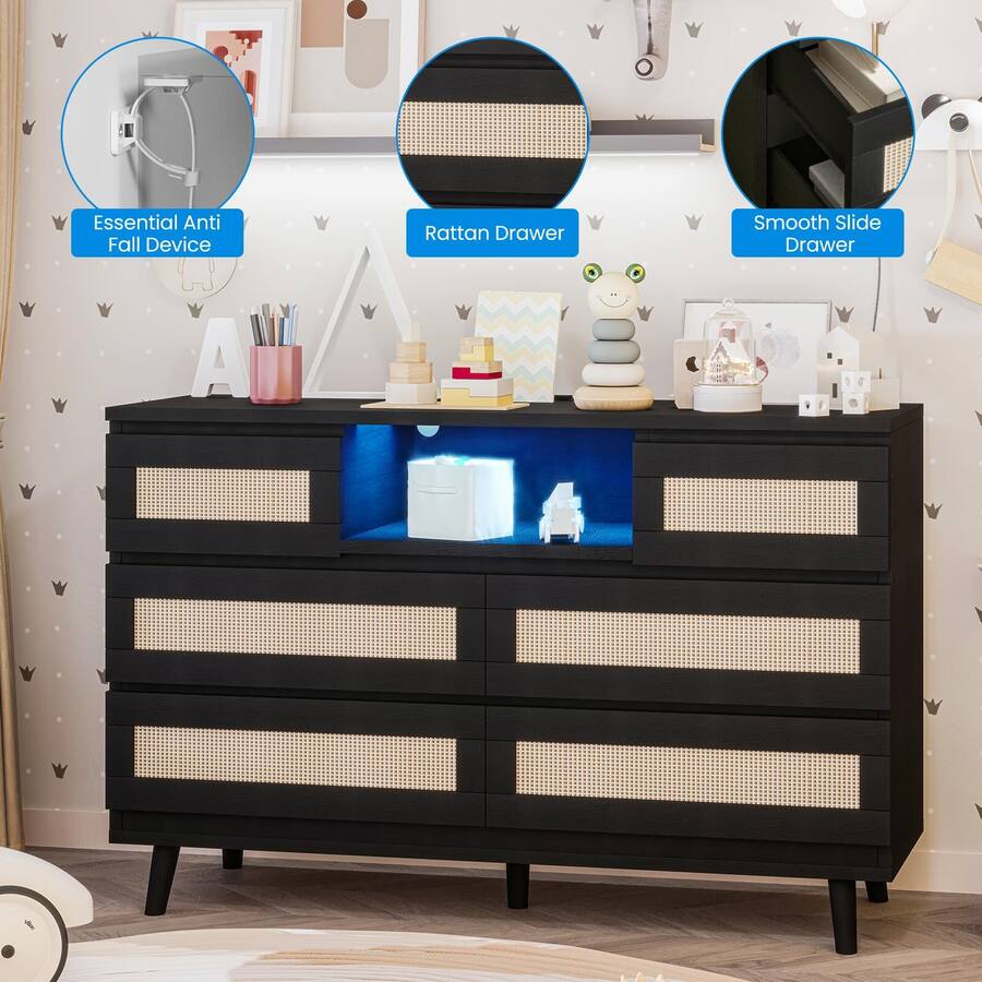 Jojoka Rattan 6 Drawer Dresser for Bedroom, Modern Wooden Dresser ...