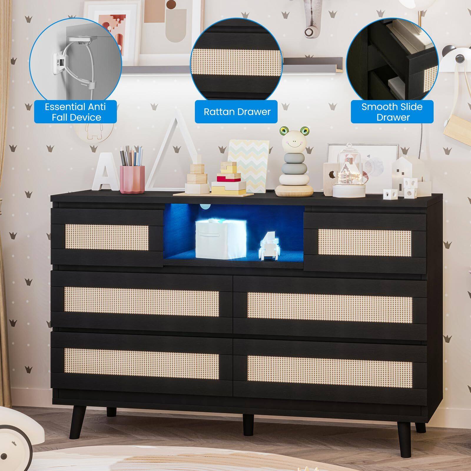 Jojoka Rattan 6 Drawer Dresser for Bedroom, Modern Wooden Dresser ...