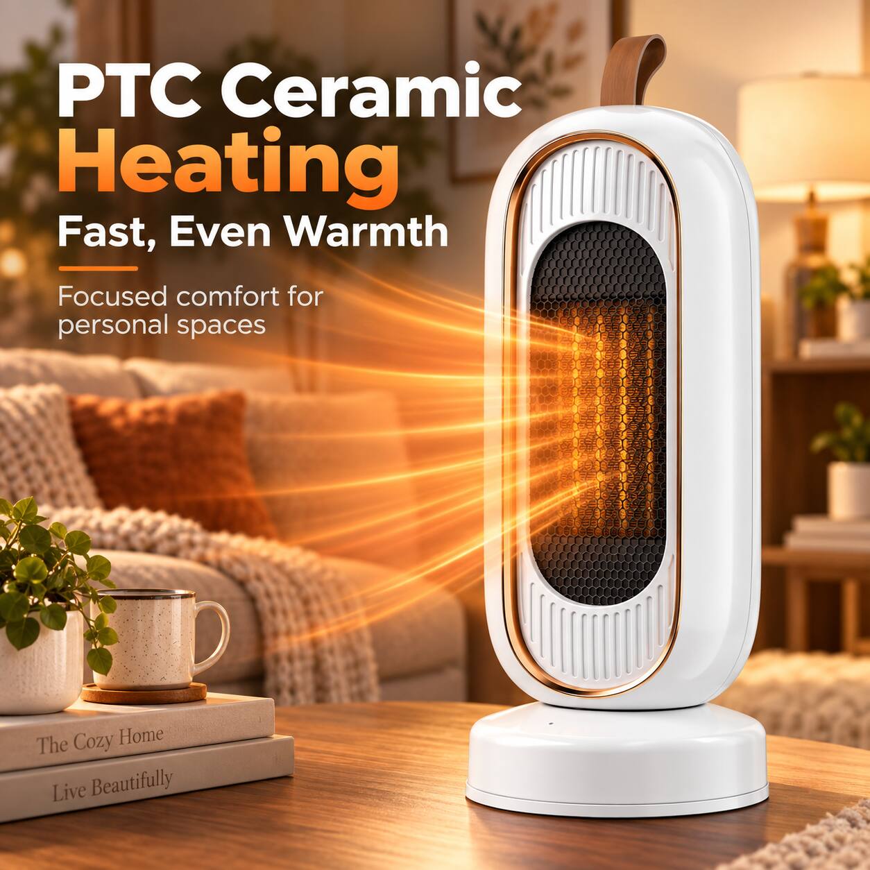 PTC Ceramic Heating  
Fast, Even Warmth  
Focused comfort for personal spaces  
The Cozy Home  
Live Beautifully
