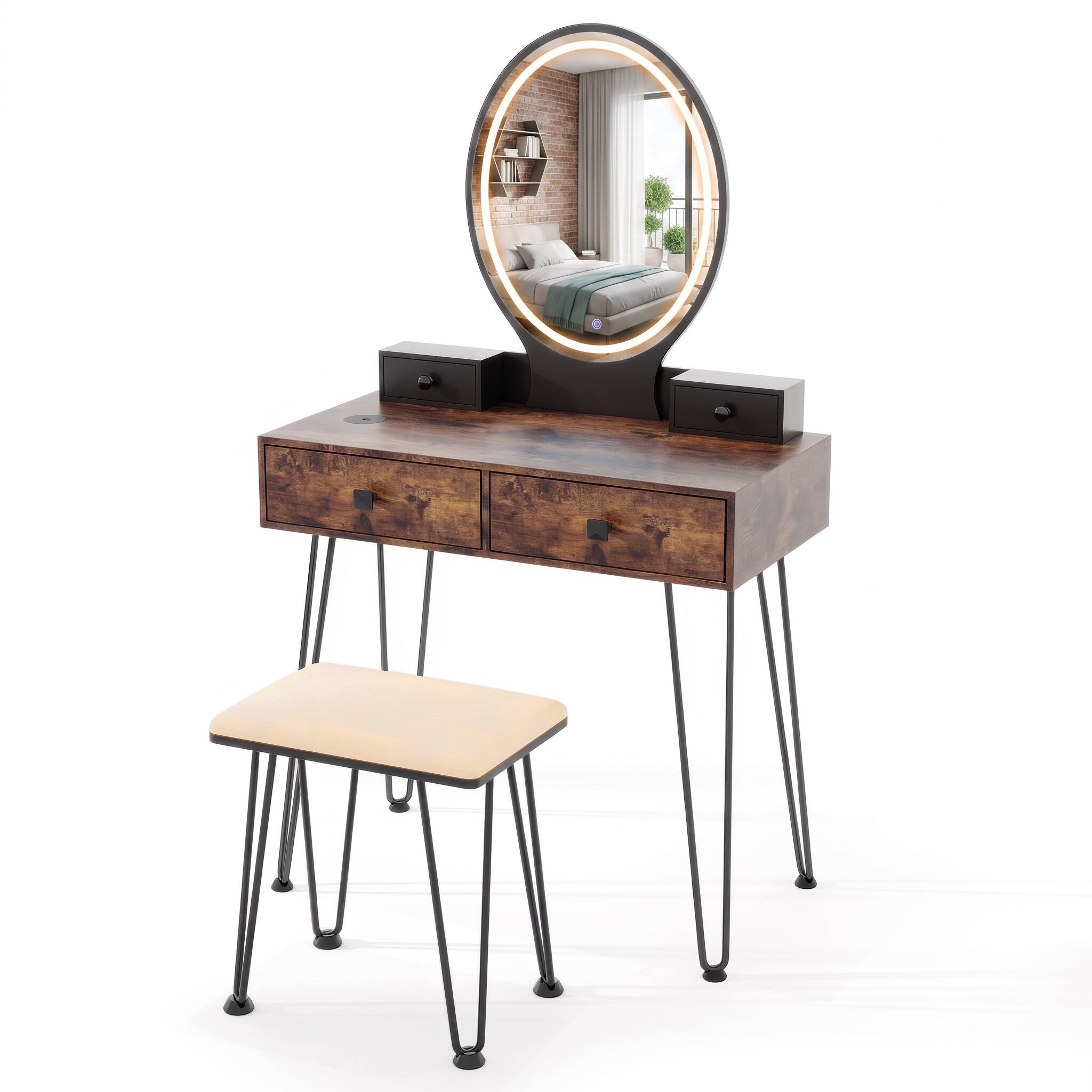 Left. WELLFOR - Makeup Vanity Desk with Oval 3‑Color Lighted Mirror,Charging Station, 4 Drawers and Velvet Padded Stool for Bedroom - Brown.