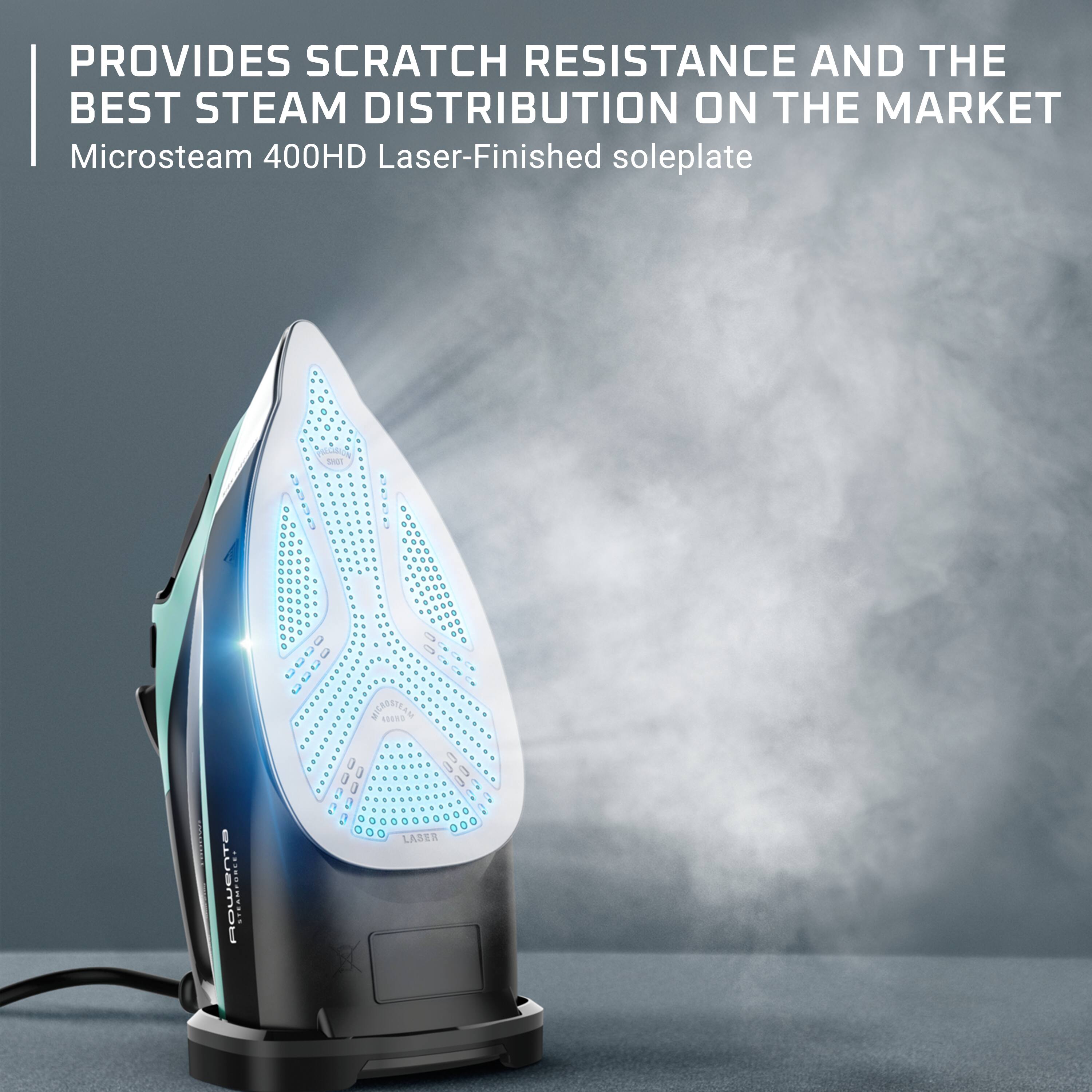 PROVIDES SCRATCH RESISTANCE AND THE BEST STEAM DISTRIBUTION ON THE MARKET  
Microsteam 400HD Laser-Finished soleplate