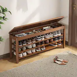 Fabibe - Modern Wood Bench Natural Shoe Rack Seat Rubberwood 3-Tier Wooden Storage 550lbs - Walnut-3 Tier(wood) 47.2"W x 11.8"D x 20.5"H