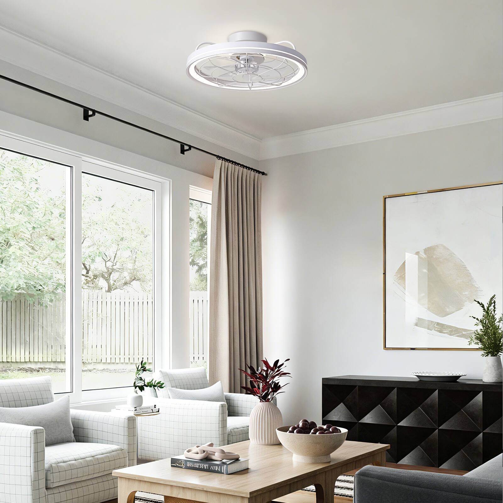 Alt View 1. Siljoy - 19 Inch Farmhouse White Caged Ceiling Fan Light with Dimmable Strip LED and Remote Control for Bedroom Living Room - White.