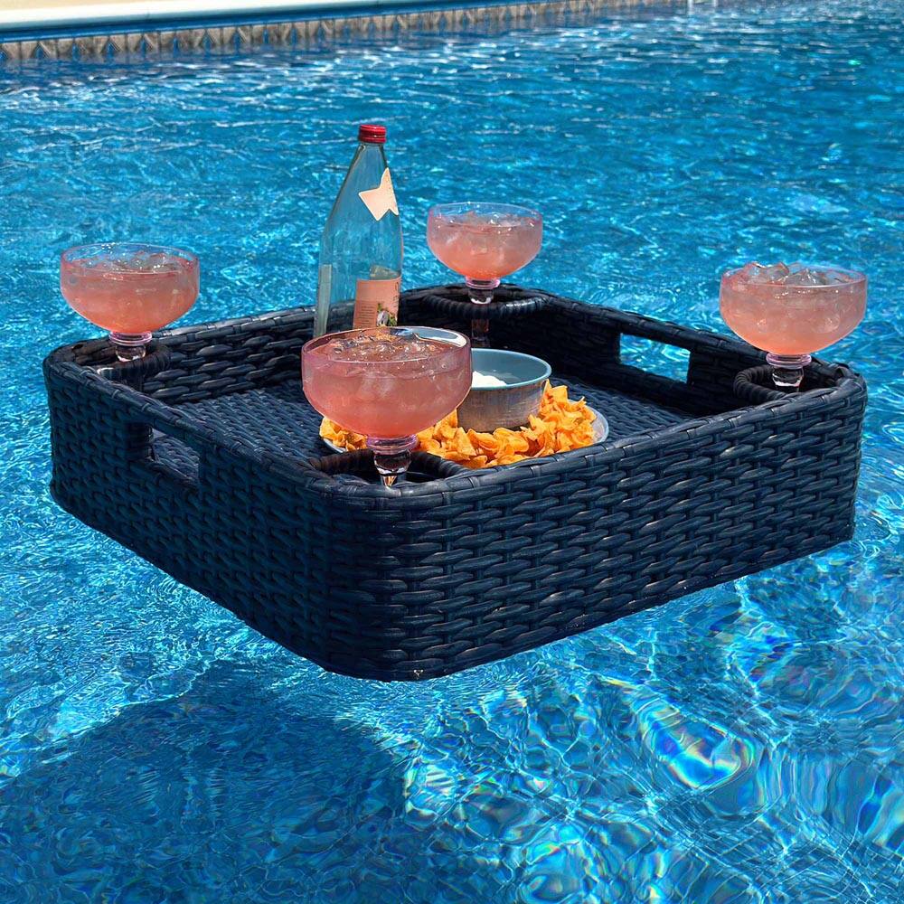 Angle. SUNJOY - Sunjoy Wicker Floating Pool Tray 24x24 Durable & Sturdy Frame Pool Accessory Tray- Fits Most Pool Sizes - Navy.