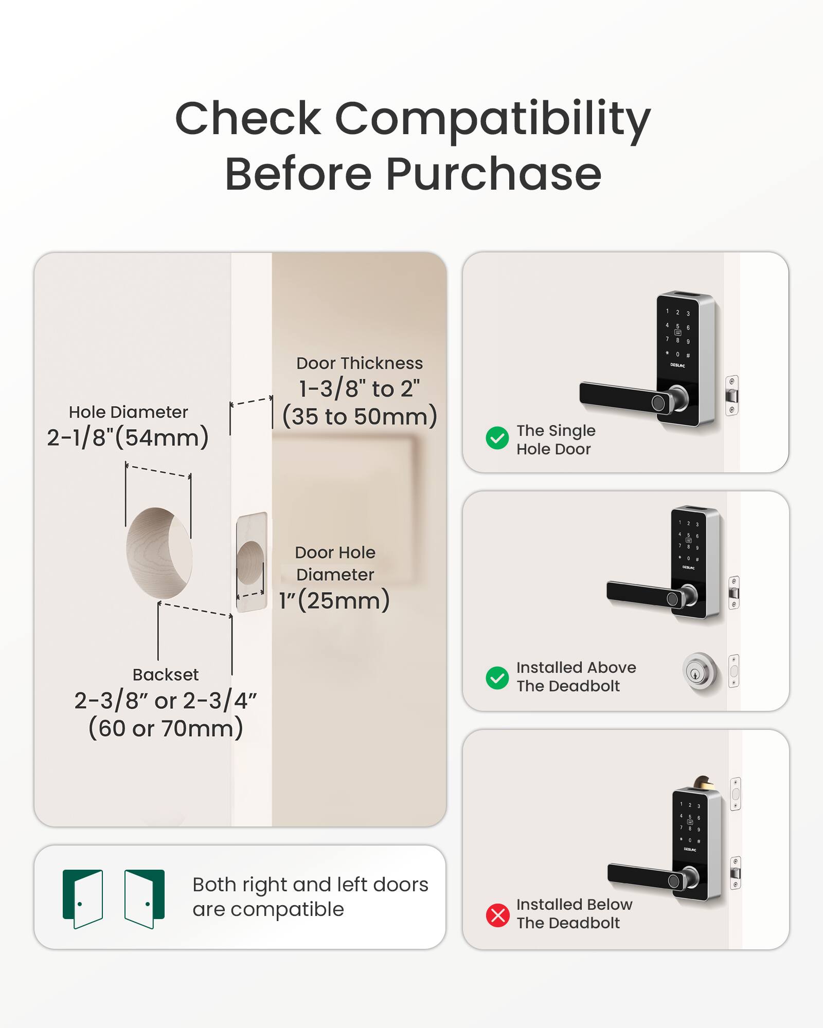 Check Compatibility Before Purchase

- Hole Diameter: 2-1/8" (54mm)
- Door Thickness: 1-3/8" to 2" (35 to 50mm)
- Door Hole Diameter: 1" (25mm)
- Backset: 2-3/8" or 2-3/4" (60 or 70mm)

- The Single Hole Door
- Installed Above The Deadbolt
- Both right and left doors are compatible
- Installed Below The Deadbolt (Not Compatible)