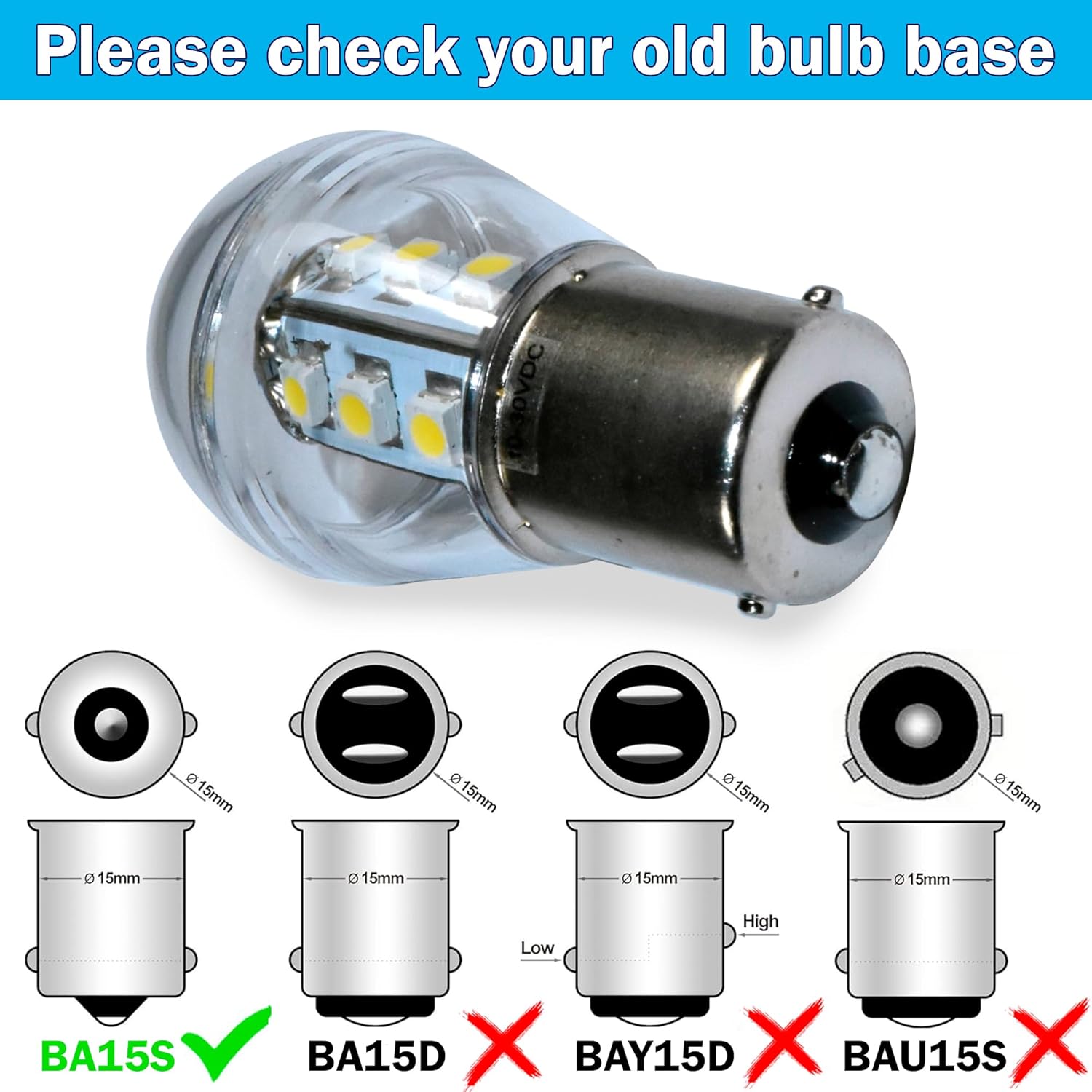 Please check your old bulb base OVDC 15mm 15mm 15mm 15mm D 15mm e 15mm 15mm a 15mm BA15S High Low BA15D X BAY15D X BAU15S X