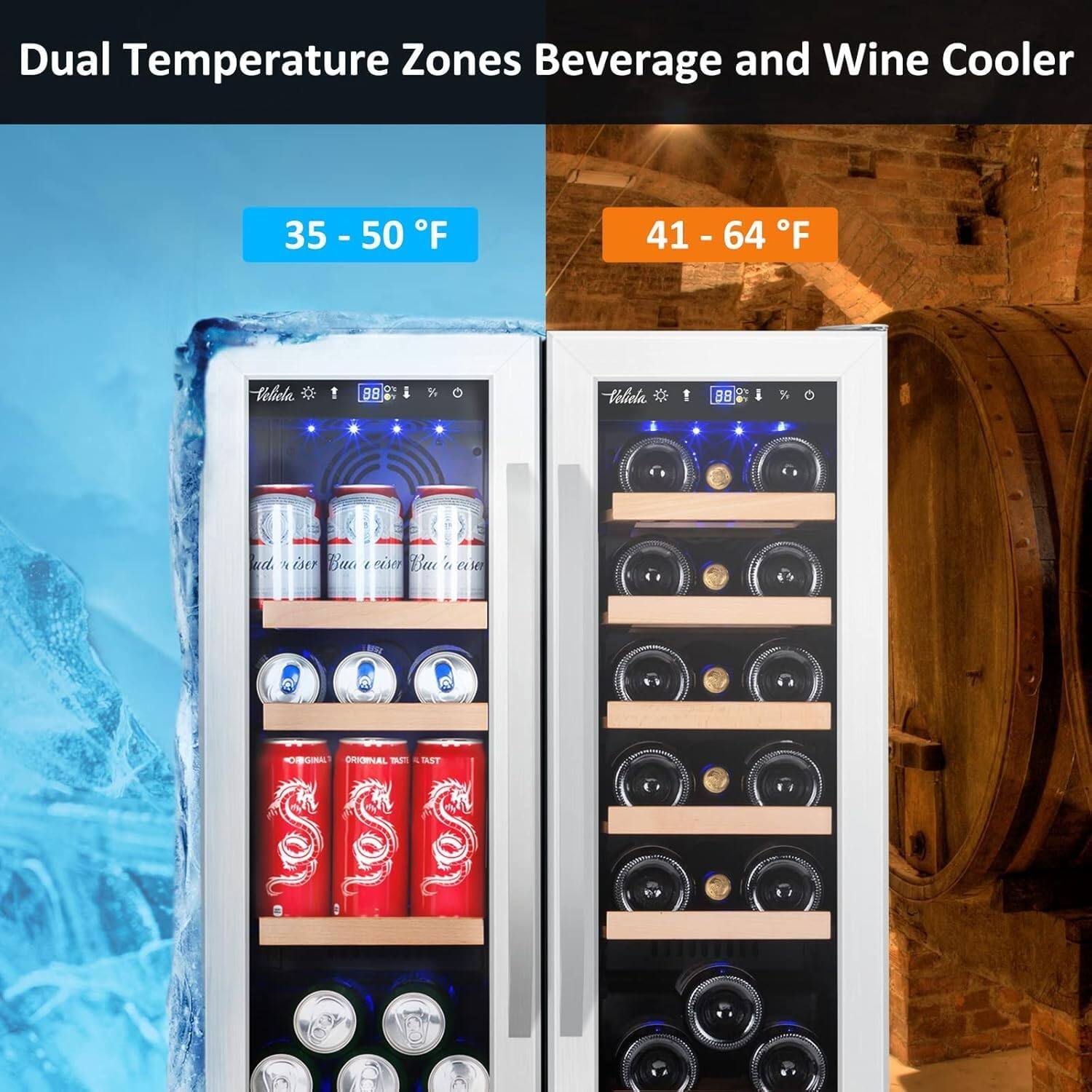 Dual Temperature Zones Beverage and Wine Cooler

35 - 50 F
41 - 64 F