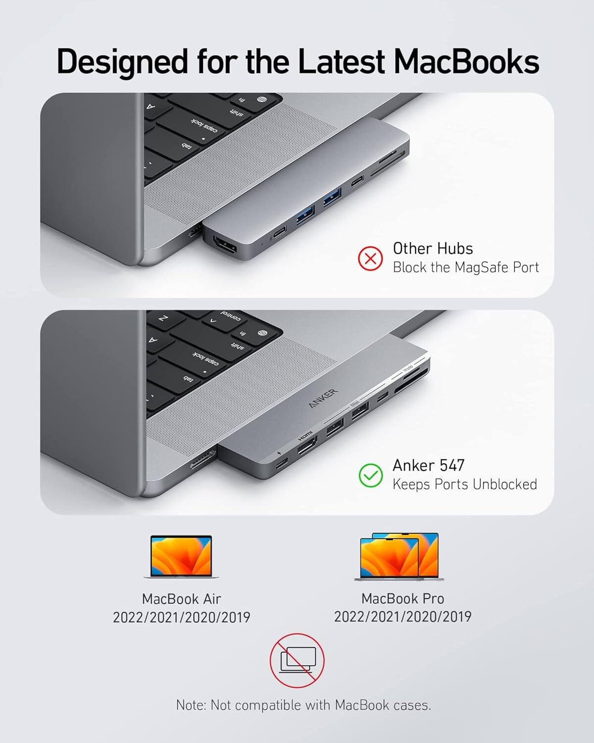 Designed for the Latest MacBooks

- Other Hubs
  - Block the MagSafe Port

- Anker 547
  - Keeps Ports Unblocked

MacBook Air
2022/2021/2020/2019

MacBook Pro
2022/2021/2020/2019

Note: Not compatible with MacBook cases.
