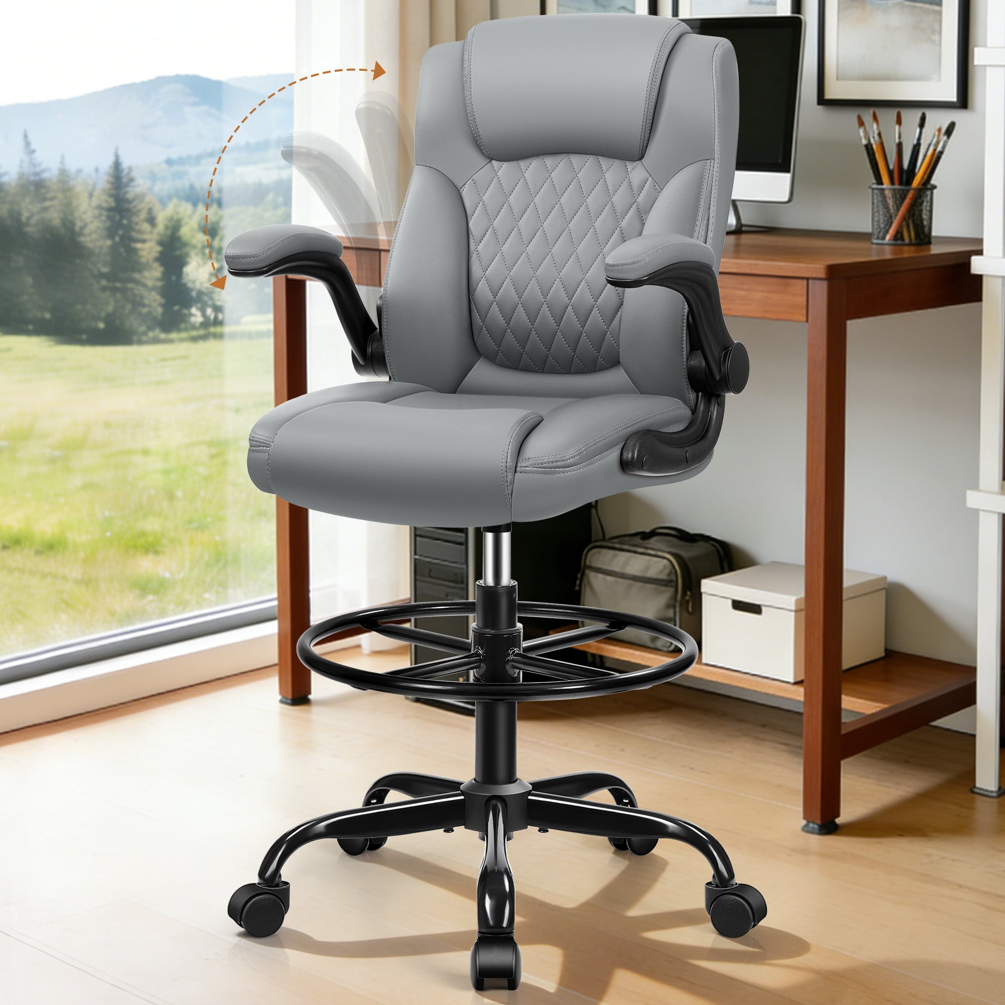Brick Attic - Executive Tall Drafting Chair, Ergonomic Leather Office Chair with Flip-Up Armrest, Adjustable Height Desk Chair - Gray price history on PriceWatchPro