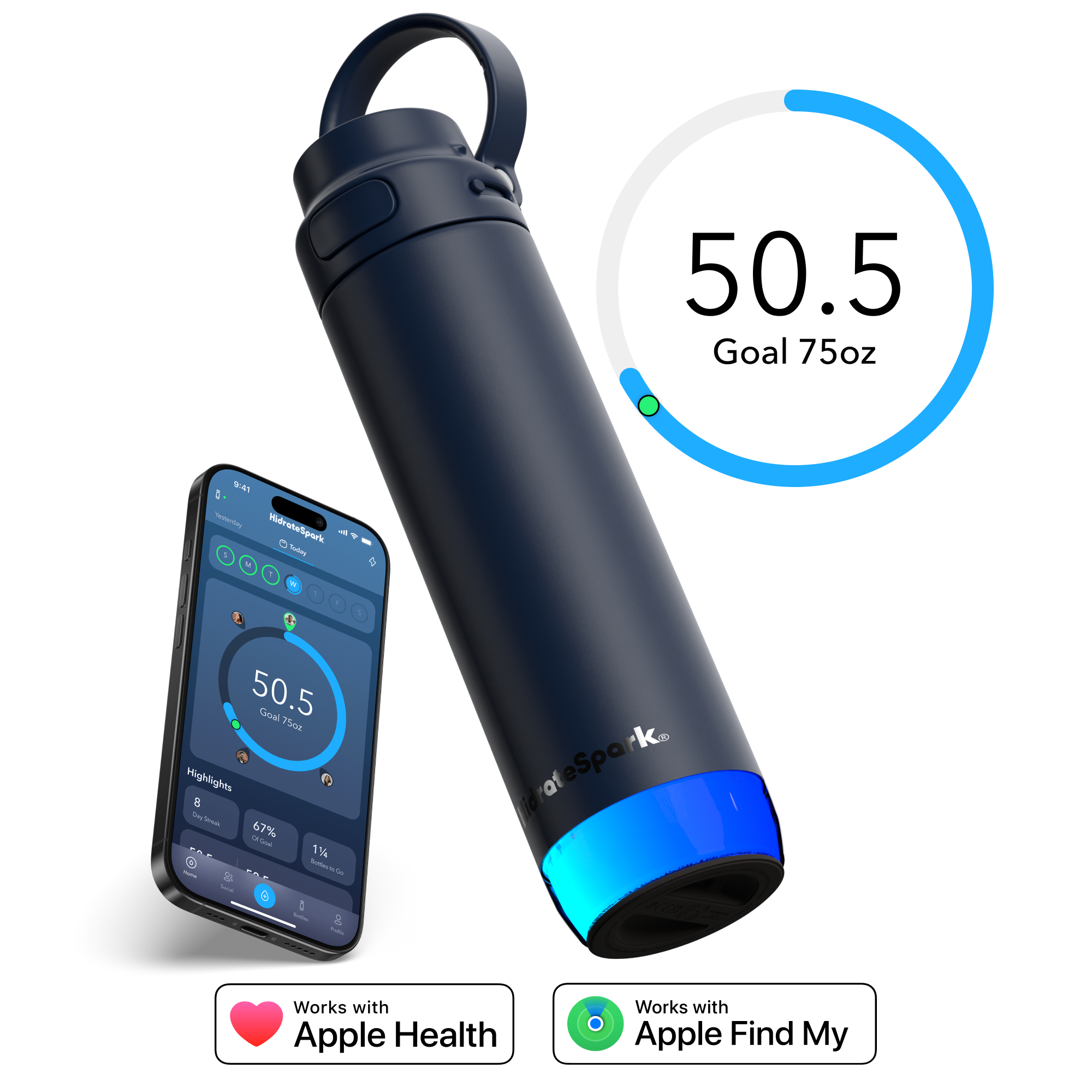Hidrate - 21 oz HidrateSpark PRO 2 Smart Water Bottle - Health & Wellness Tracker - Apple Health - Smart Ring & Watch Compatible - Navy