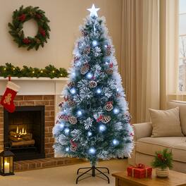BreeBe - Snow Covered Christmas Tree 5/6/7FT with 8 Built-in Light Modes - Green