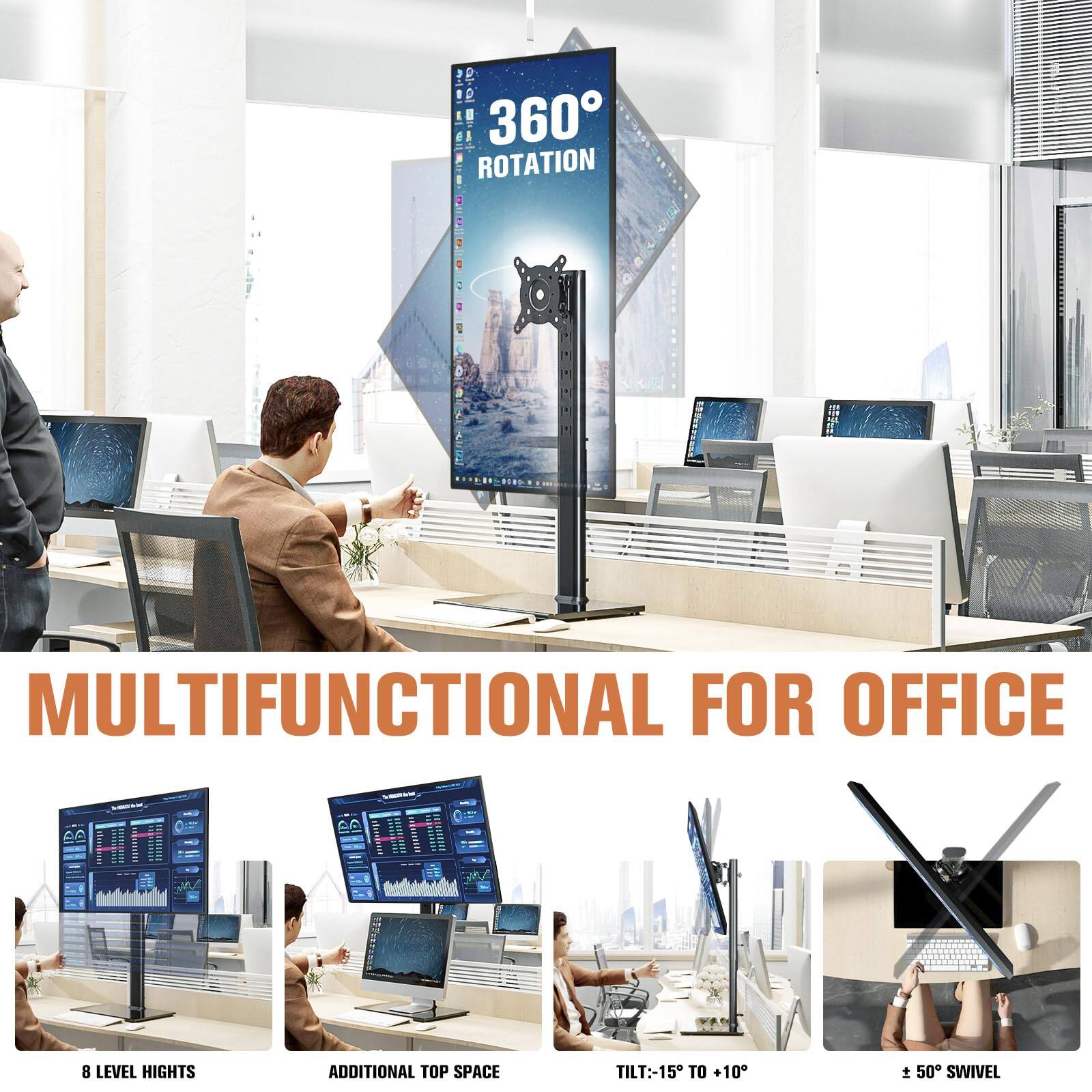 Sure, here is the corrected and grouped text:

---

**360° ROTATION**

**MULTIFUNCTIONAL FOR OFFICE**

- 8 LEVEL HEIGHTS
- ADDITIONAL TOP SPACE
- TILT: -15° TO +10°
- ± 50° SWIVEL

---