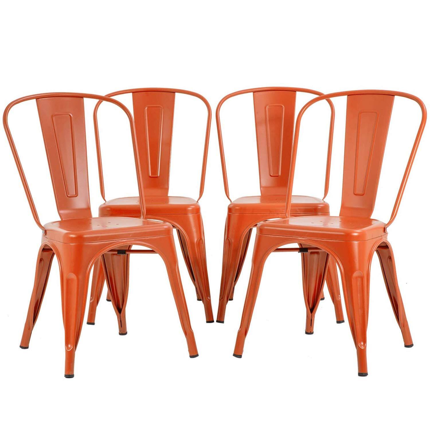 Front. JETRANSPORT - Metal Dining Chairs Set Of 4 Black Stackable Tolix Side With Backrest Scratch-resistant Non-slip Feet Indoo... - Orange Steel Seat.