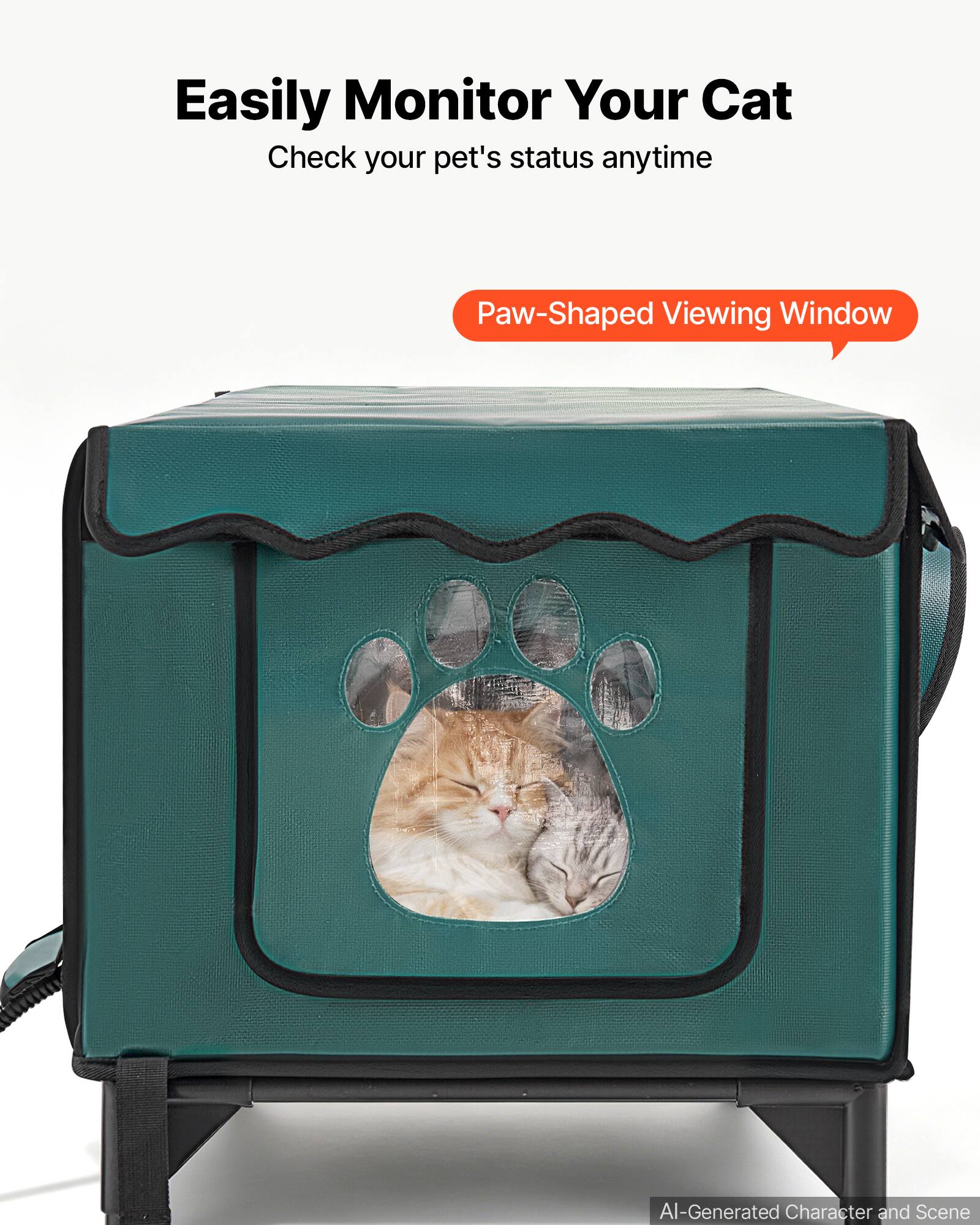 Easily Monitor Your Cat  
Check your pet's status anytime  

Paw-Shaped Viewing Window  

AI-Generated Character and Scene