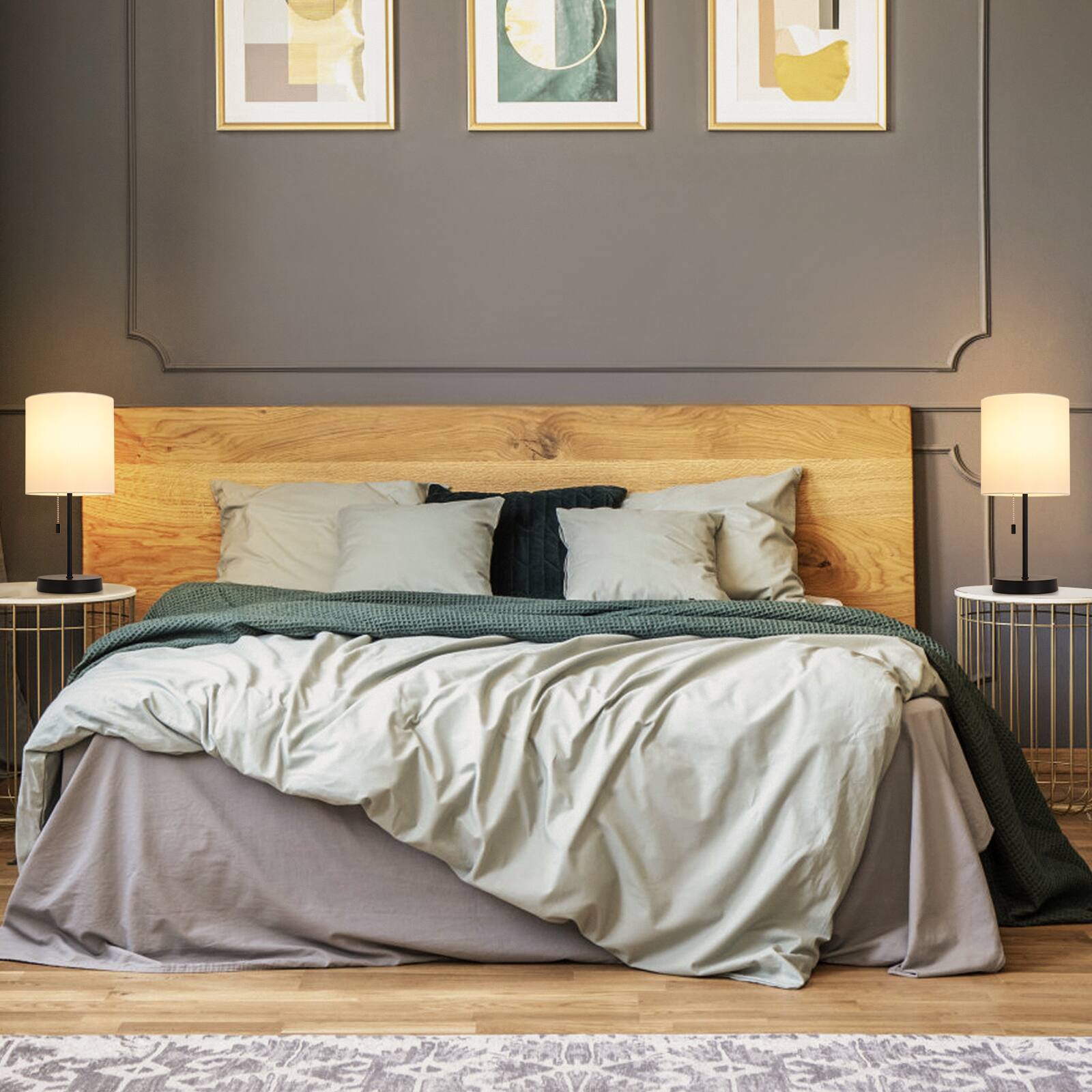 Alt View 2. Oumilen - Modern Table Lamps Set of 2 Fabric Shade w/Pull Chain Switch Bedroom Living Room.