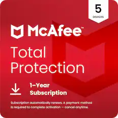 5 Devices
McAfee Total Protection
1-Year Subscription
Subscription automatically renews. A payment method is required to complete activation — cancel anytime.