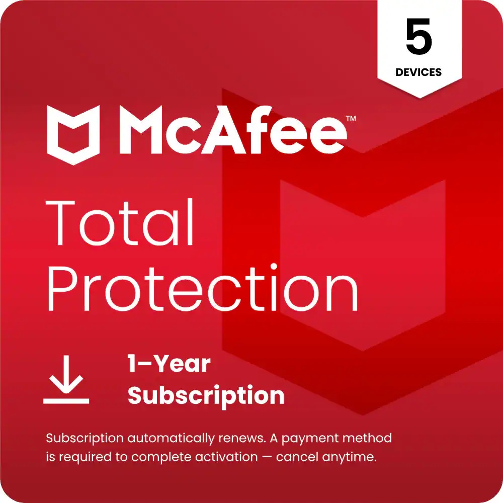 5 Devices  
McAfee Total Protection  
1-Year Subscription  
Subscription automatically renews. A payment method is required to complete activation — cancel anytime.