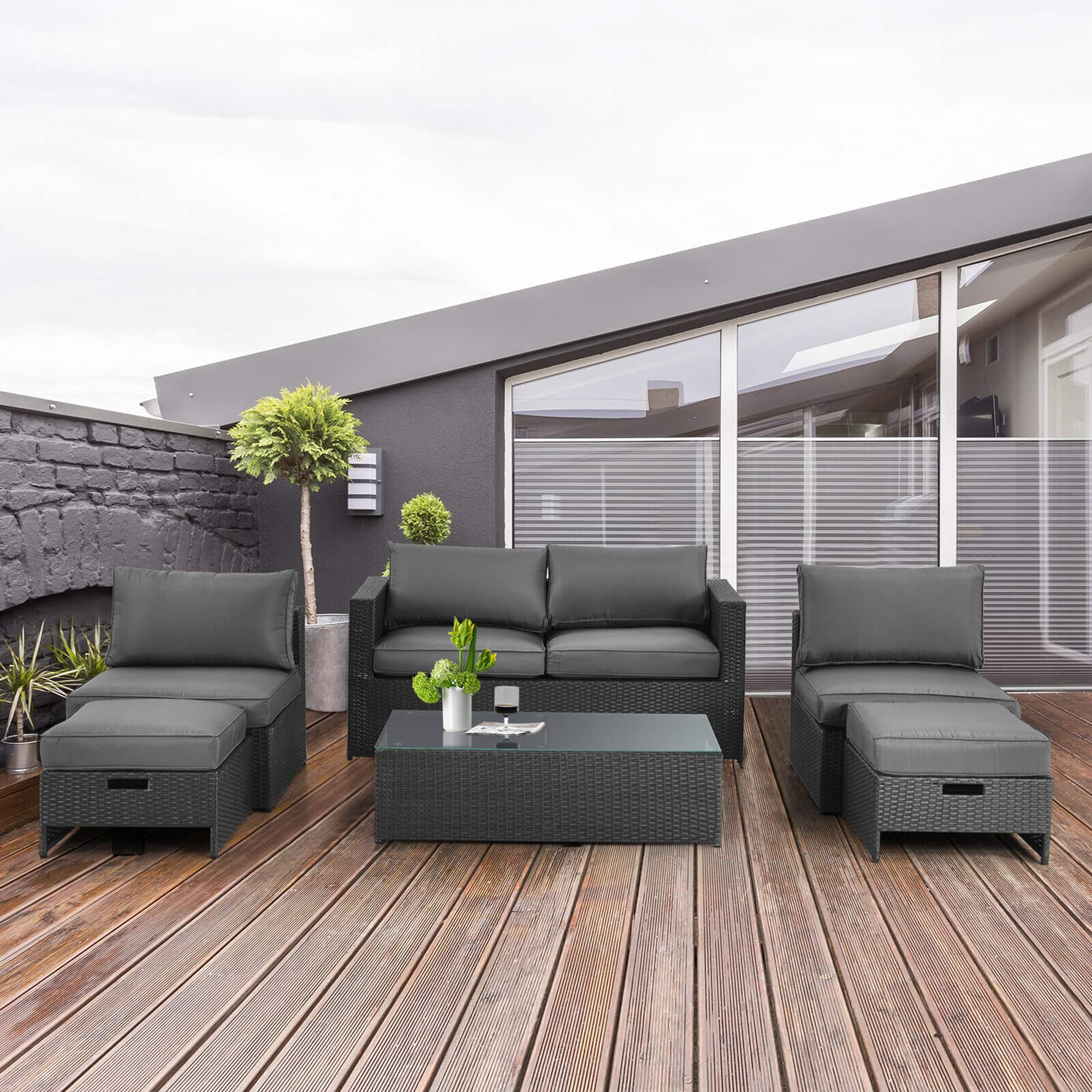 Gymax - 6PCS Rattan Patio Conversation Furniture Set Cushioned Sectional Sofa Set - Black + Grey
