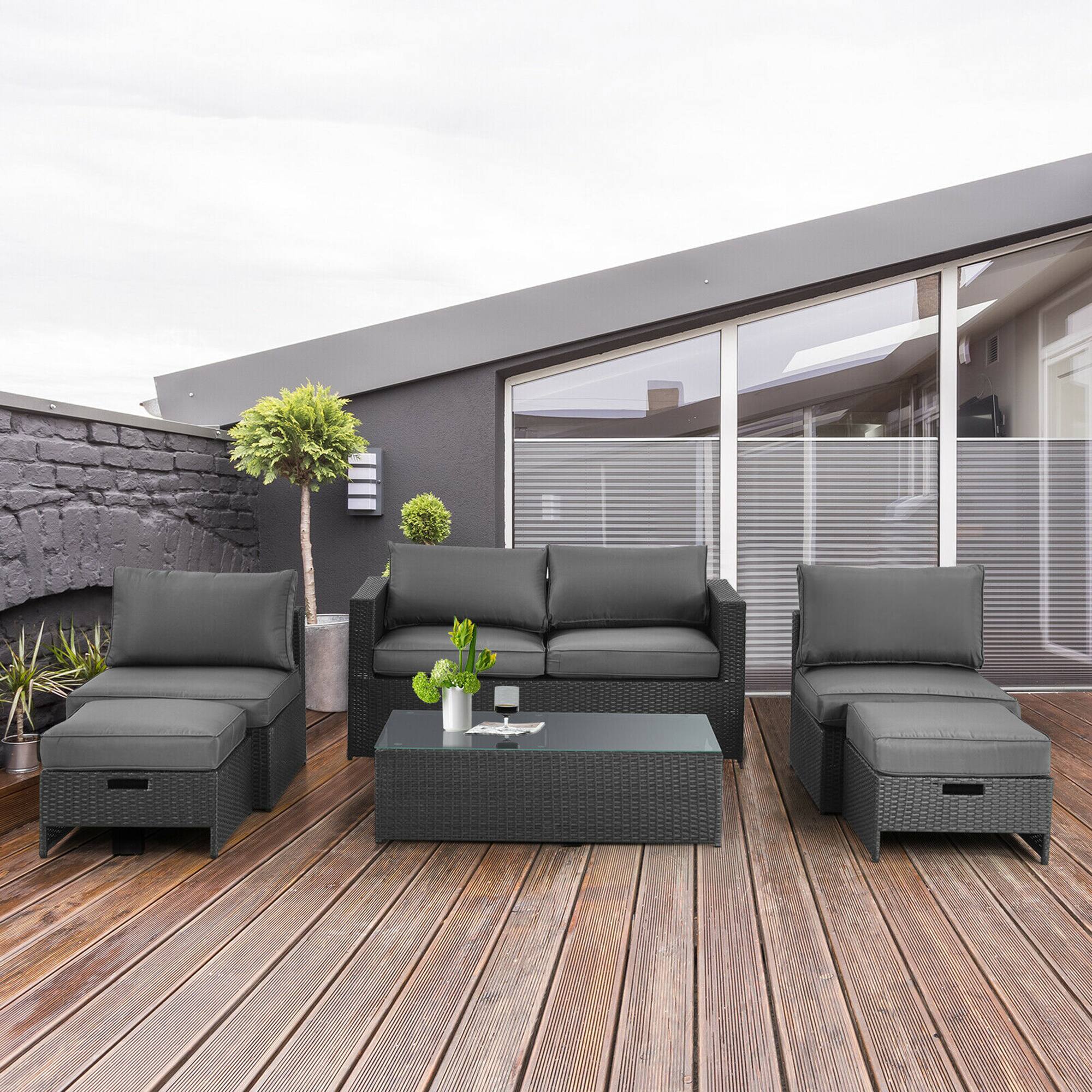 Front. Gymax - Gymax 6PCS Rattan Patio Conversation Furniture Set Cushioned Sectional Sofa Set - Black + Grey.