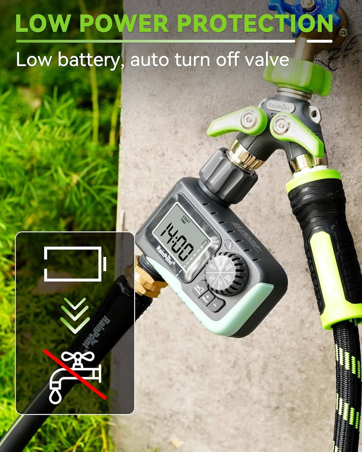 LOW POWER PROTECTION  
Low battery, auto turn off valve