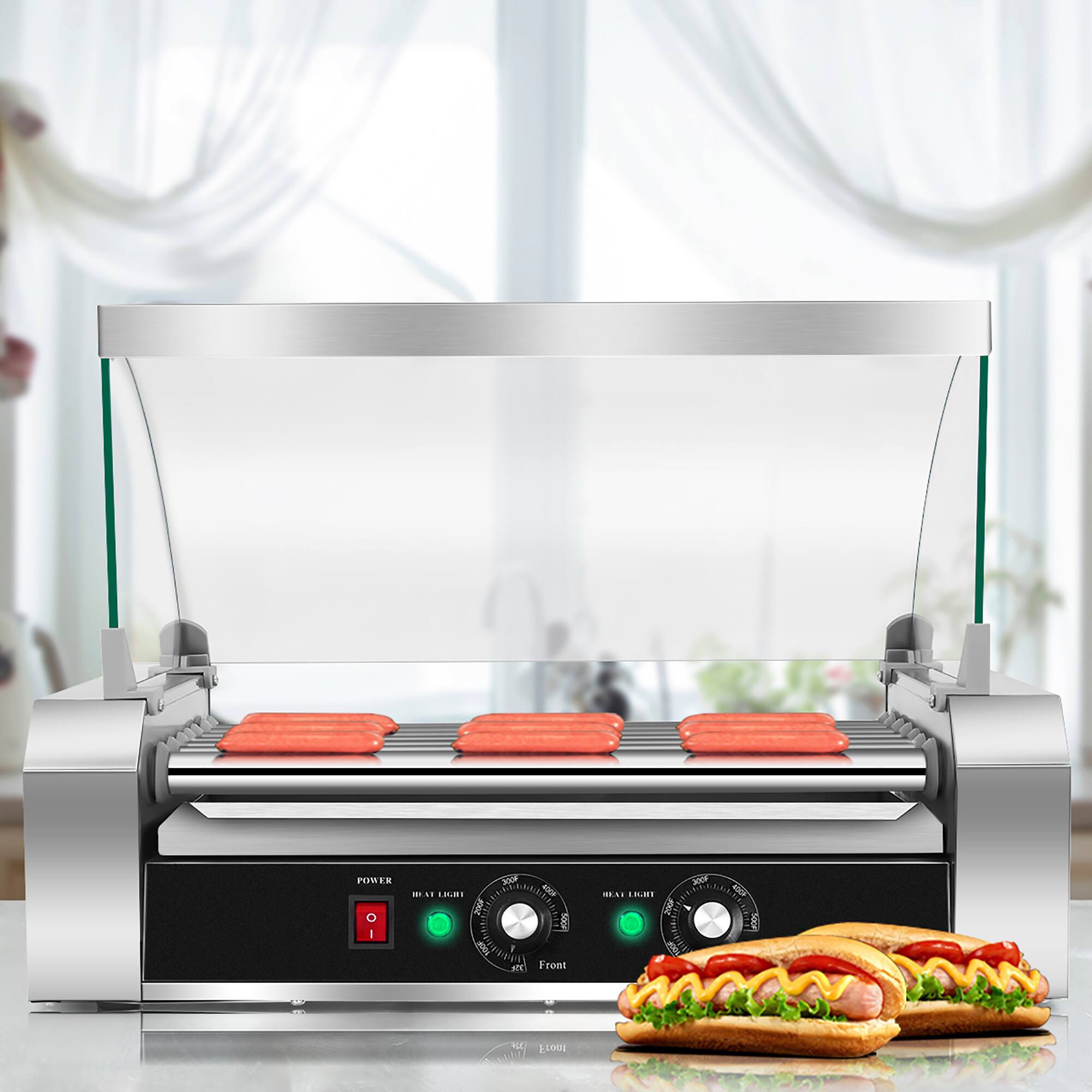 The text on the image reads: "You can cook 5 hot dogs at once with this grill. It has 500 square inches of cooking space. Front and back controls make it easy to use. 1100 watts of power."
