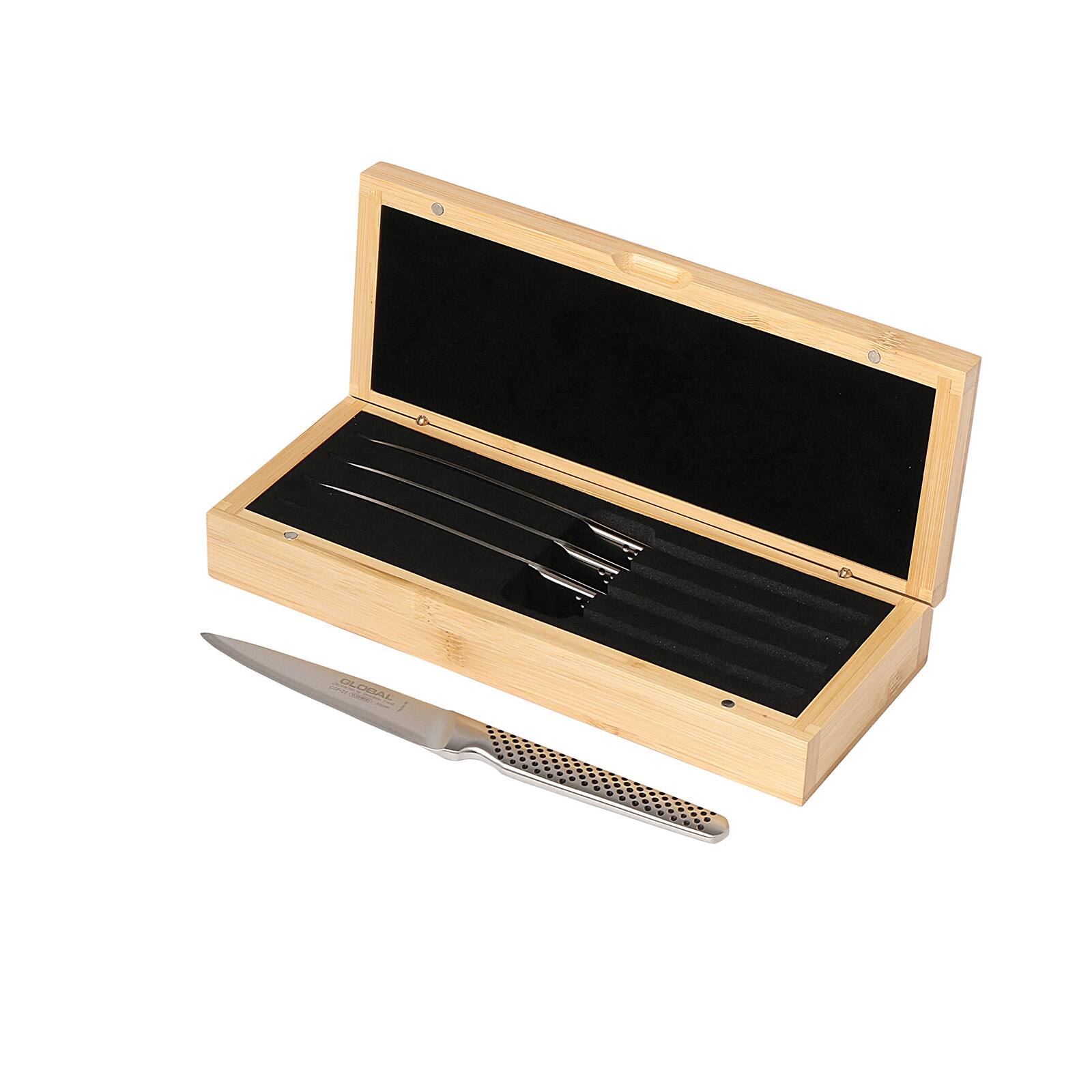 Front. Global - 4-Piece Steak Knife Set with Bamboo Box - Silver.