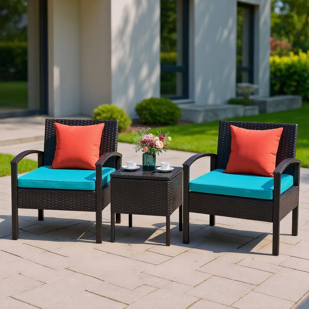 Front. Kadyn - 3 Piece PE Rattan Wicker Sofa Set with Washable and Removable Cushion, Outdoor Rattan Chairs Wicker Conversation Set - Blue.