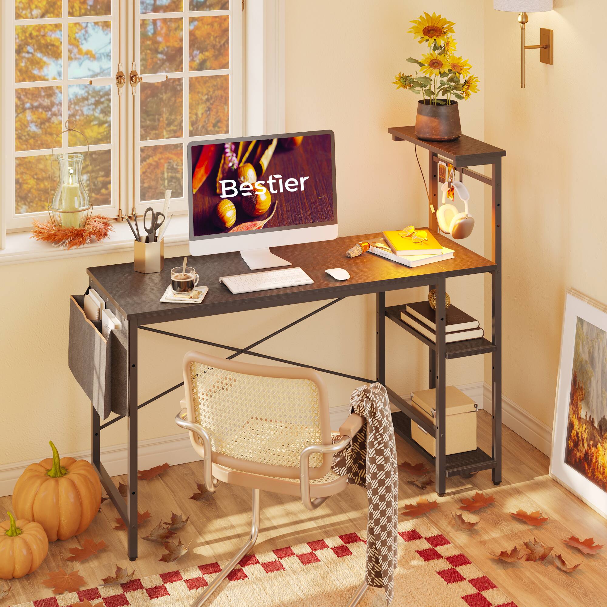 Alt View 8. Bestier - 55inch Gaming Desk with LED Lights Storage Shelves File Pockets & Hooks Spacious RGB Gaming Table - Black.