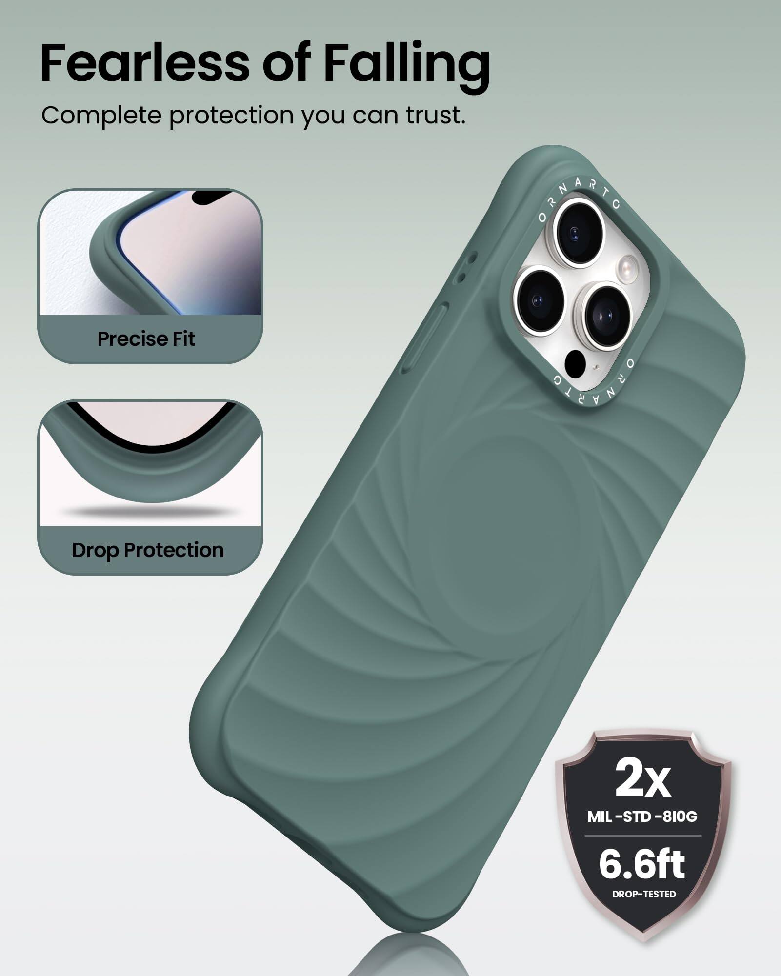 Fearless of Falling  
Complete protection you can trust.  
PNT Precise Fit  
Drop Protection  
2x MIL-STD-810G  
6.6ft DROP-TESTED