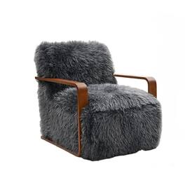 Manhattan Lane - Lama Accent Chair with Wooden Arms, Retro Design, Charcoal Faux-Fur - Charcoal Gray, Walnut Brown