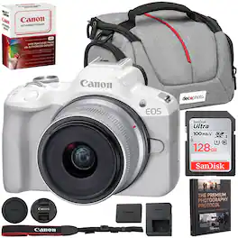 Bundle - Canon - EOS R50 Mirrorless Camera w/ RF-S 18-45mm F4.5-6.3 Lens + 128GB Memory & Camera Bag Package - White