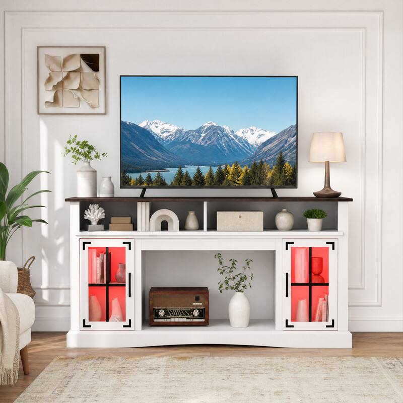 Angle. WELLFOR - TV Stand for 50" TV with Remote Control, LED Entertainment Center with Glass Door Media Console Cabinet - White.