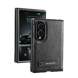 Dteck - Shockproof Case for Samsung Galaxy Z Fold8 with Adjustable Kickstand, Retro Leather Texture Rigid PC Protective Cover - Black