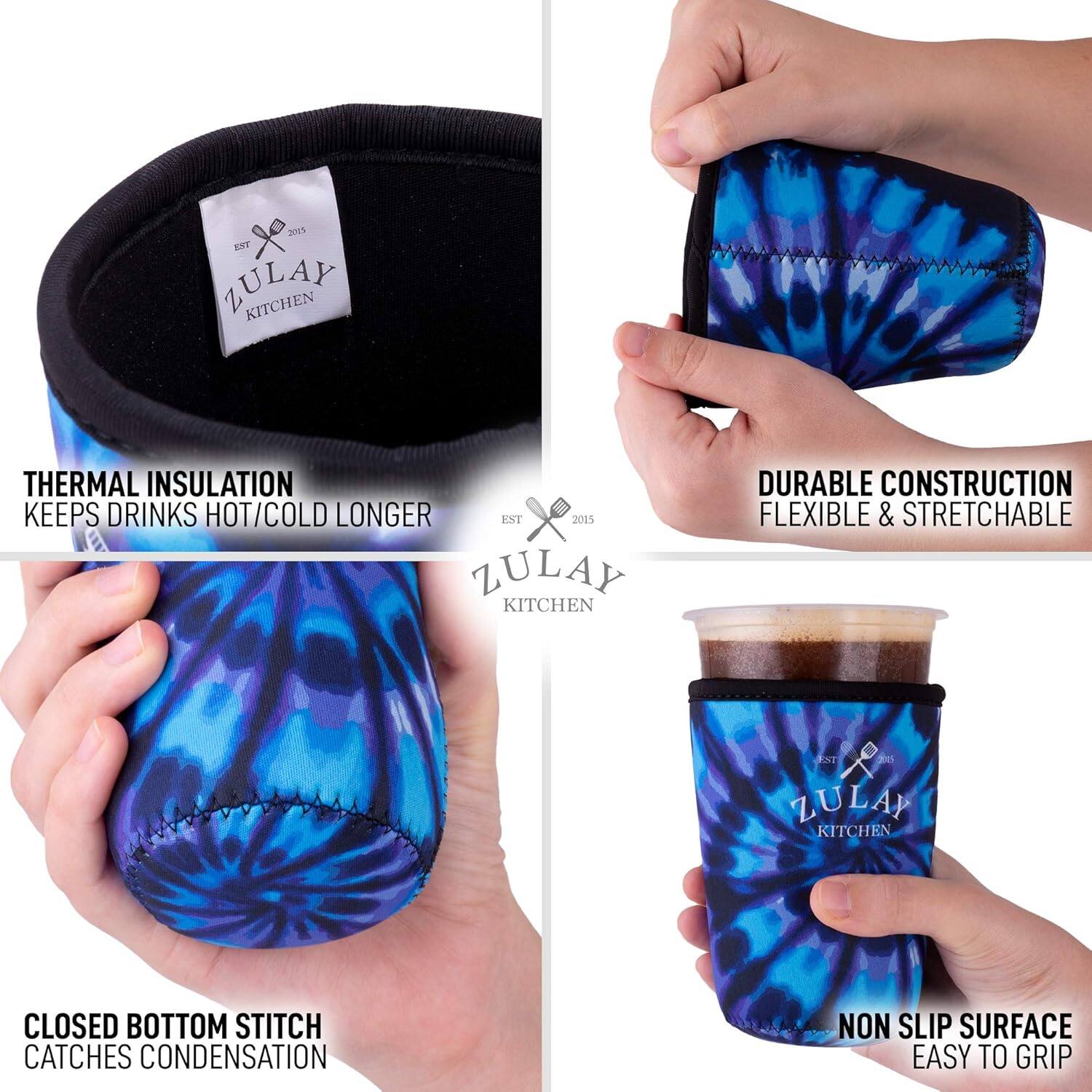 - THERMAL INSULATION  
  KEEPS DRINKS HOT/COLD LONGER

- DURABLE CONSTRUCTION  
  FLEXIBLE & STRETCHABLE

- CLOSED BOTTOM STITCH  
  CATCHES CONDENSATION

- NON SLIP SURFACE  
  EASY TO GRIP