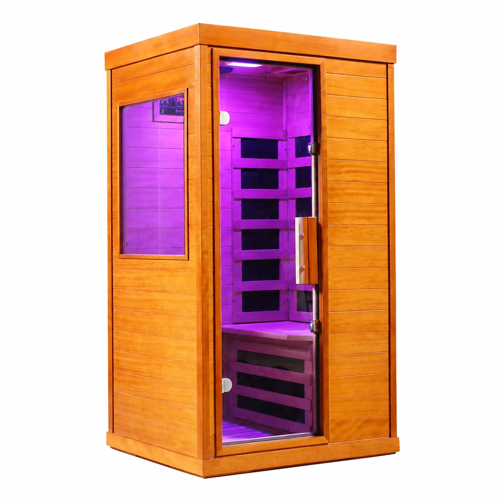 Front. RYHNUYNE - Mini Home Infrared Sauna, 35.4 x 27.5 x 63.3 in, Okoume Wood, Low EMF Carbon Fiber Heaters, Bluetooth Audio - Red.